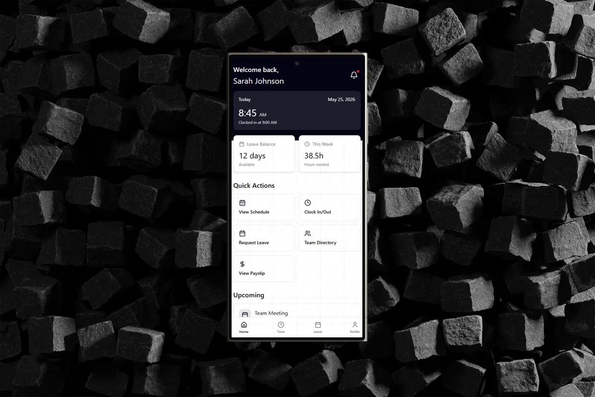 Aplikasi mobile HRIS yang menampilkan payroll dan pengelolaan karyawan