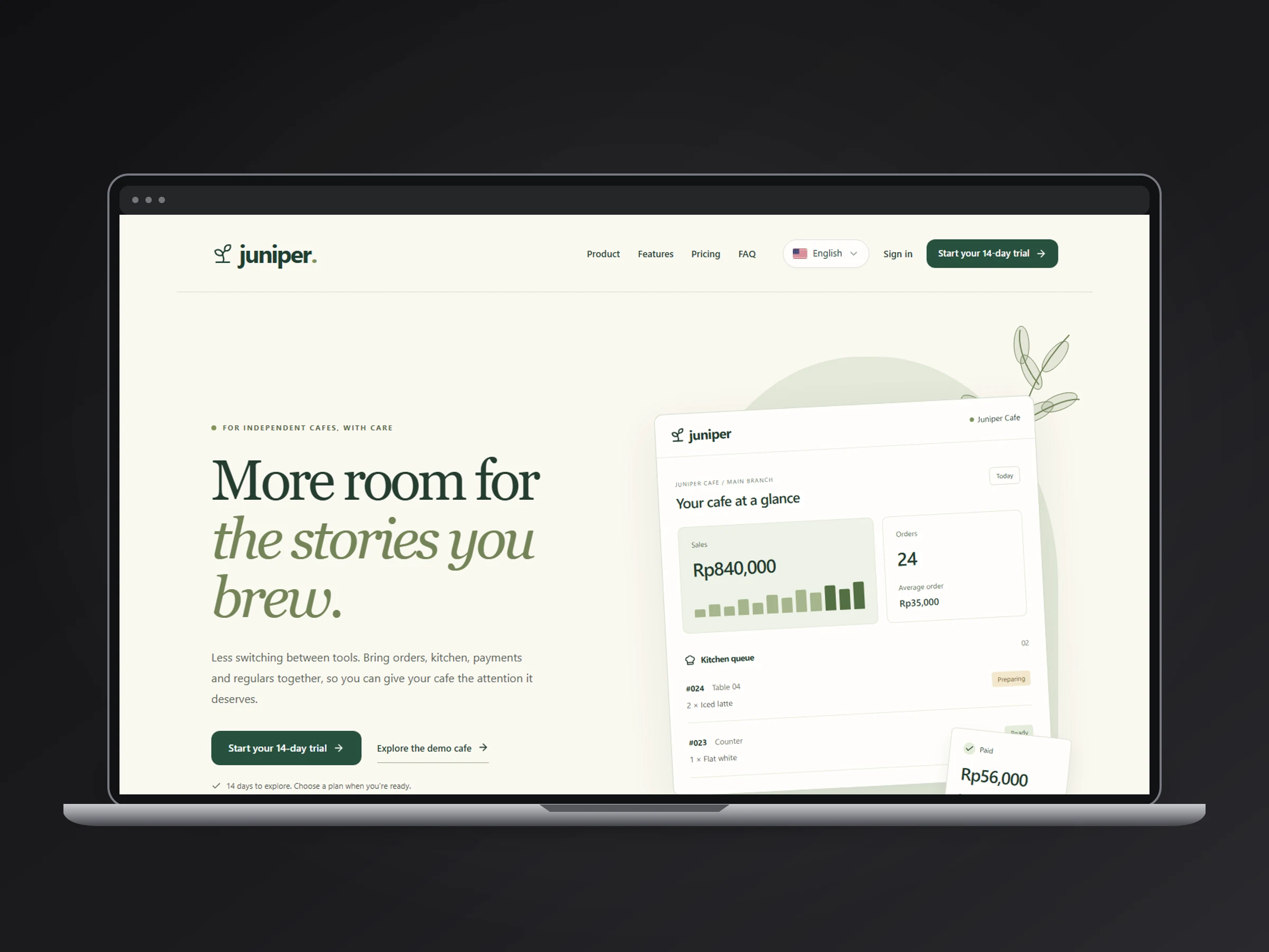 Halaman utama platform kafe Juniper dalam mockup desktop dengan ilustrasi dashboard