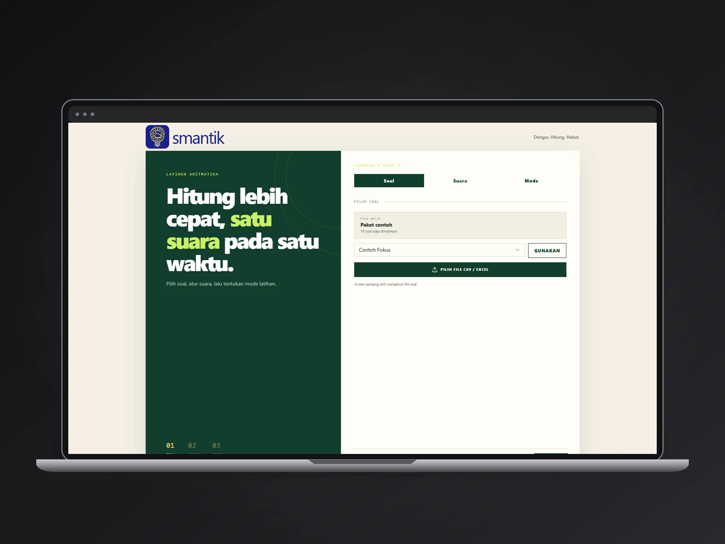 Wizard pengaturan latihan aritmatika mental Smantik dalam mockup desktop