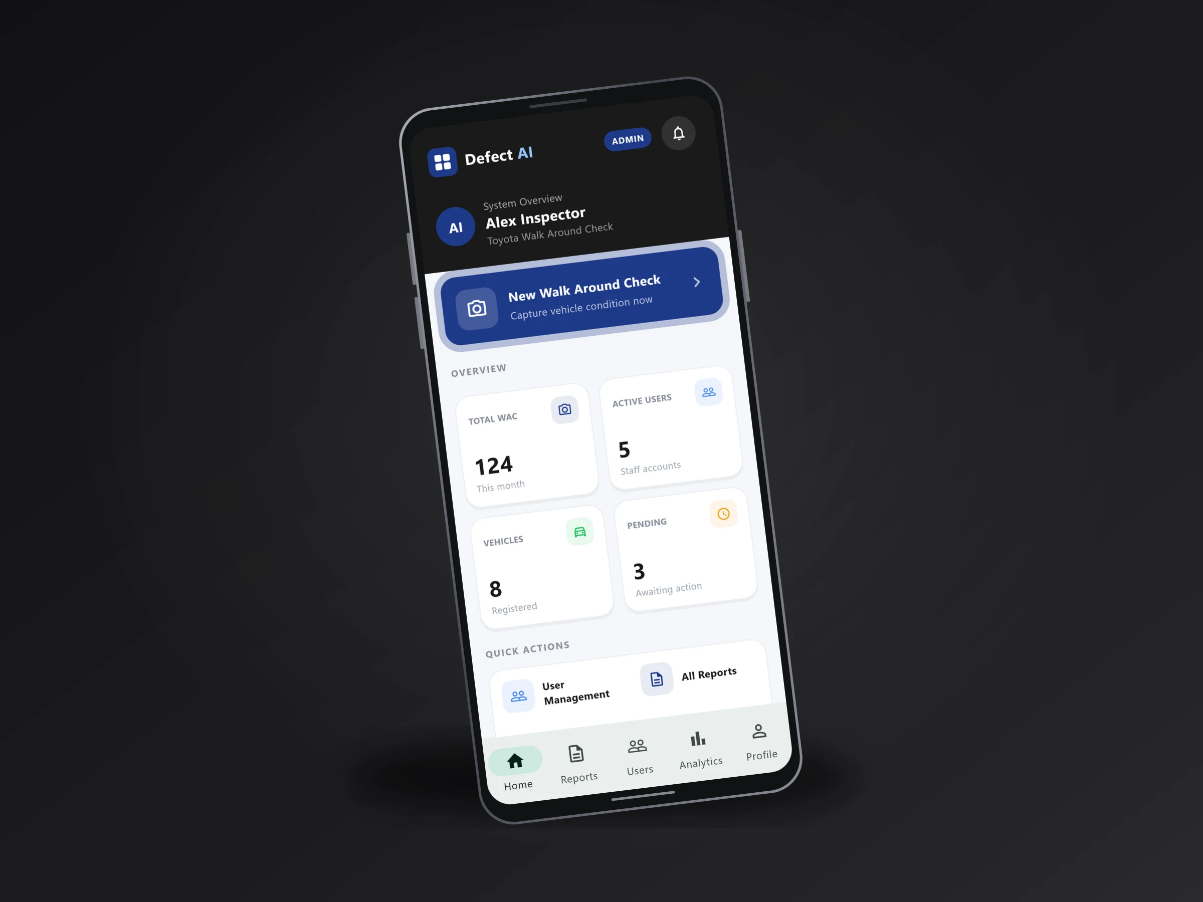 Dashboard mobile Walk Around Check dalam mockup ponsel dengan contoh total inspeksi